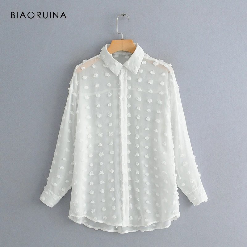 BIAORUINA Women White Sweet Shirt Polka Dot Appliques Decoration Long Sleeve Turn-down Collar Single Breasted Chiffon Tops
BIAORUINA Women White Sweet Shirt Polka Dot Appliques Decoration Long Sleeve Turn-down Collar Single Breasted Chiffon Tops