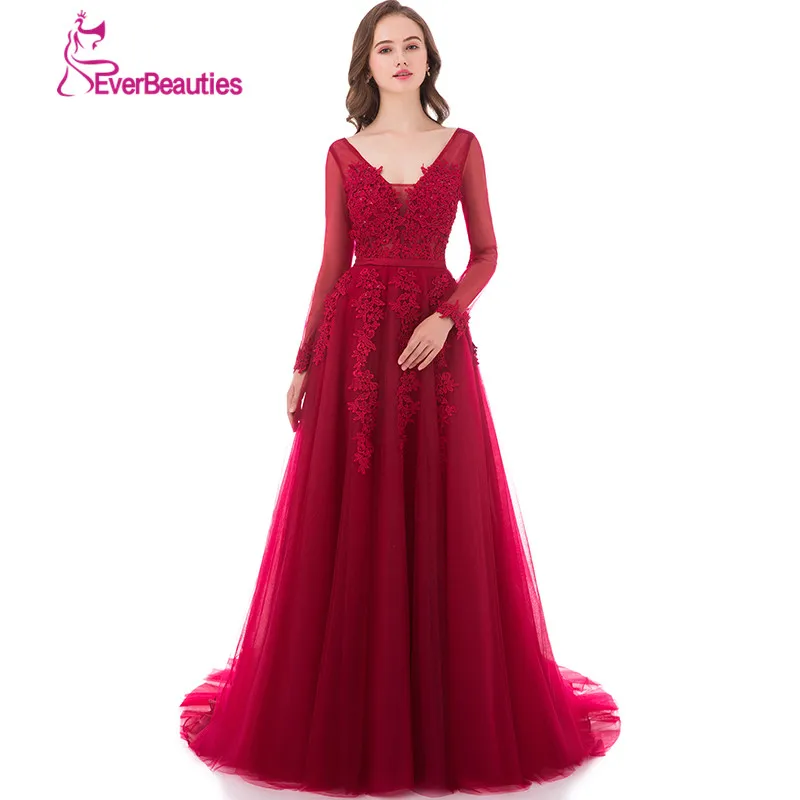 Wine Red Evening Dress Long 2020 Tulle with Lace Appliqued Long Sleeves Elegant V Neck Robe De Soiree Abiye Sexy Backless
Wine Red Evening Dress Long 2020 Tulle with Lace Appliqued Long Sleeves Elegant V Neck Robe De Soiree Abiye Sexy Backless