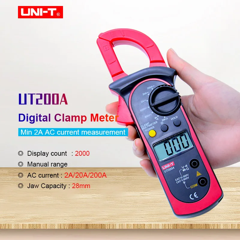 UNI-T UT200A Digital Clamp Meter LCD Backlight Multimeter Ohm DMM DC AC Voltmeter AC Ammeter 2000 count Diode test Data hold
UNI-T UT200A Digital Clamp Meter LCD Backlight Multimeter Ohm DMM DC AC Voltmeter AC Ammeter 2000 count Diode test Data hold