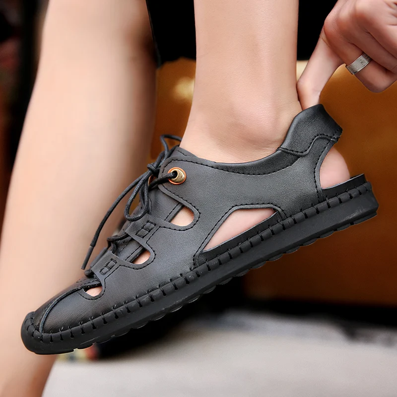 Men Sandals fashion Comfortable Men Summer Genuine Leather handmade sewing Sandals Men Roman Summer Outdoor Beach Sandals L5