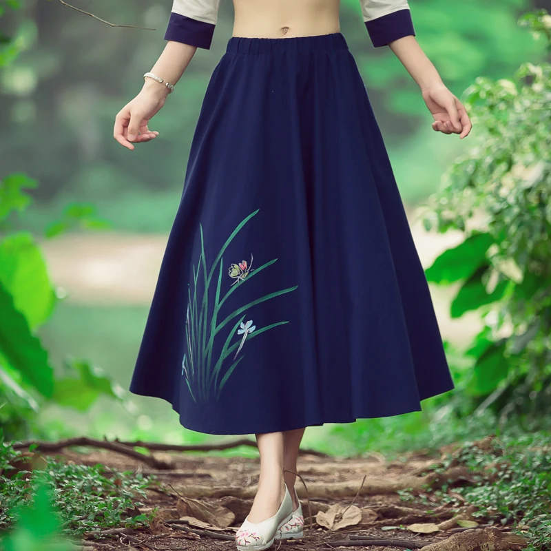 Cheap-clothes-china 2019 women autumn winter Chinese style ethnic long dark blue leaves print maxi skirt faldas saias longuette 
Cheap-clothes-china 2019 women autumn winter Chinese style ethnic long dark blue leaves print maxi skirt faldas saias longuette