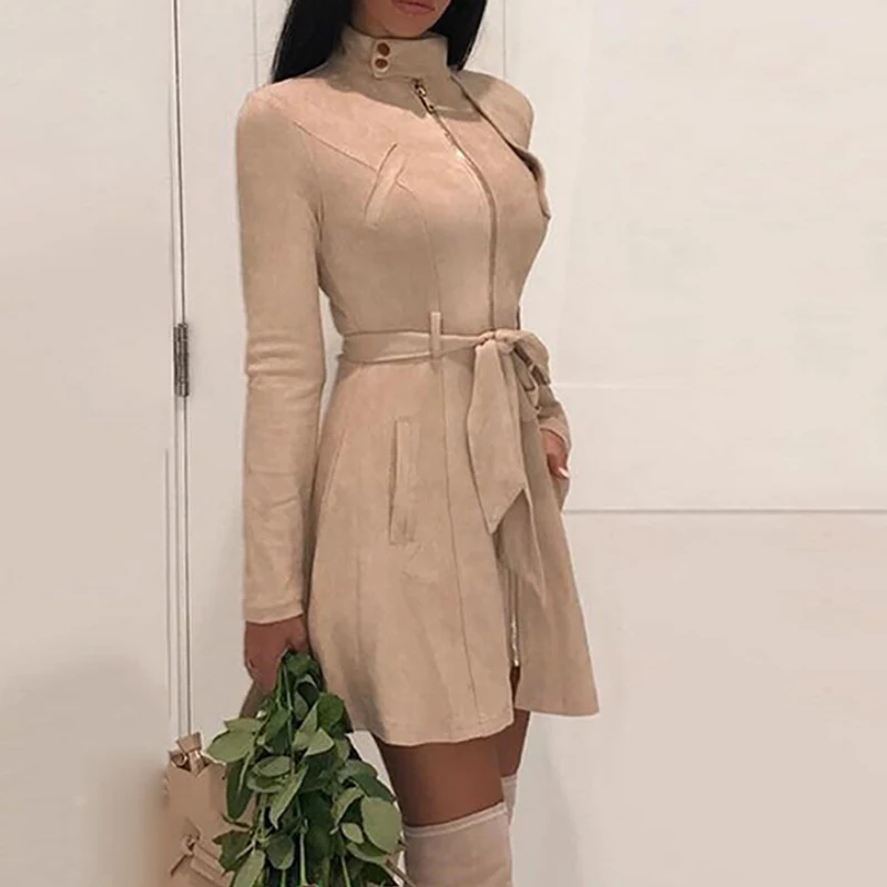 Women Front Zippers Dress Office Lady Turtleneck A-Line Knee-length Elegant High Waist Belt Suede Dresses Overalls Vestidos
Women Front Zippers Dress Office Lady Turtleneck A-Line Knee-length Elegant High Waist Belt Suede Dresses Overalls Vestidos