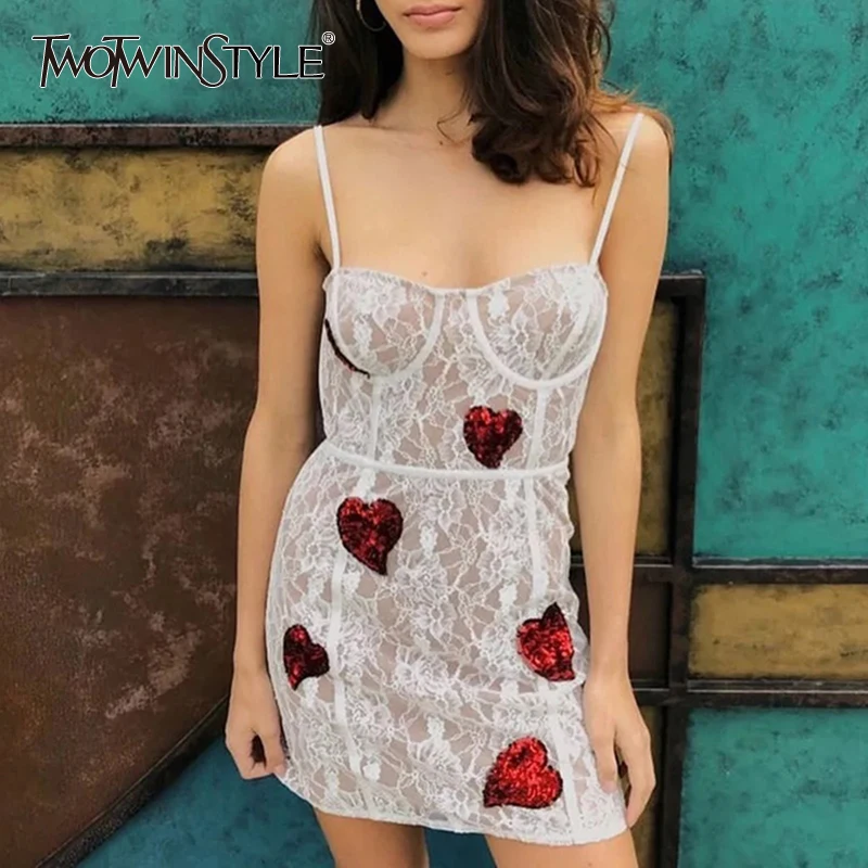 TWOTWINSTYLE Lace Spaghetti Strap Dress Female Strapless Backless Sequins Heart Patchwork High Waist Elastic Mini Dresses Summer
TWOTWINSTYLE Lace Spaghetti Strap Dress Female Strapless Backless Sequins Heart Patchwork High Waist Elastic Mini Dresses Summer
