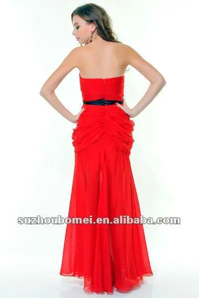 2012 Top Design Sweetheart Red Chiffon Floor Length Fashion Black Sash Sweetheart Sexy High Split Prom Dresses
