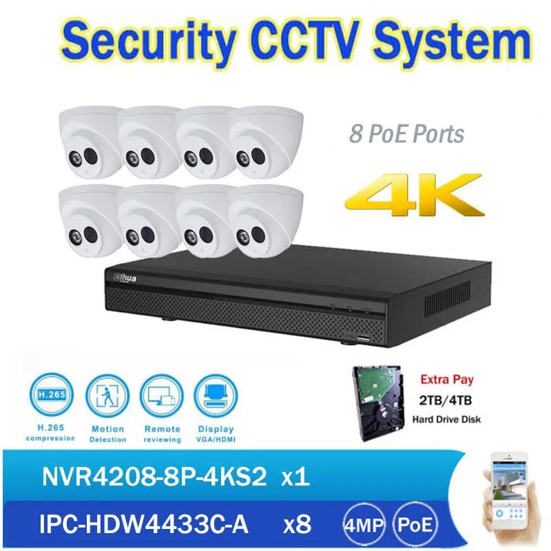 

CCTV NVR Kits 8CH PoE 4K Network Video Recorder NVR4208-8P-4KS2 with 8pcs IPC-HDW4433C-A 4MP IP Dome Camera built in mic