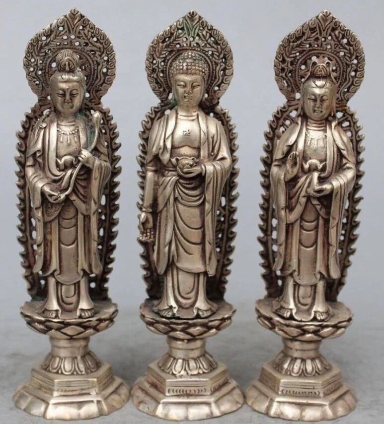 

$old craft$ 8" Chinese Silver Western Shakyamuni Kwan-yin Guanyin Buddha 3 God Set Statue (A0314)