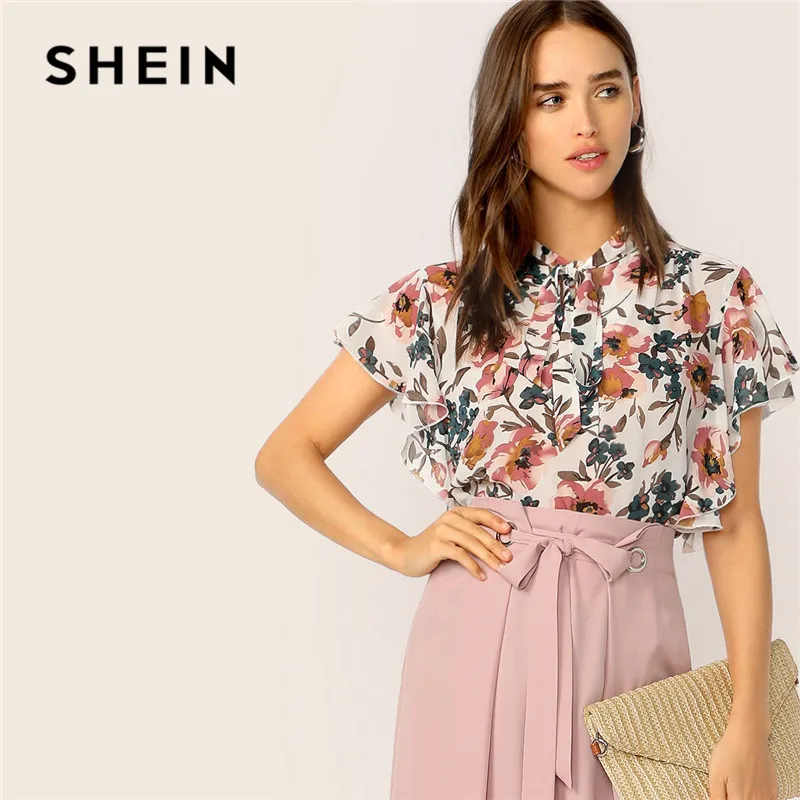 

SHEIN Tie Neck Ruffle Armhole Floral Ladies Tops Cute Stand Collar Butterfly Sleeve Womens Tops And Blouses OL Summer Blouse