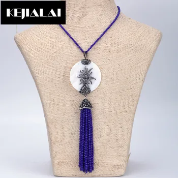 KEJIALAI Blue Glass Crystal Beads Tassel Pendant Necklace Shell Pearl Round Shape Charm Paved with Rhinestone Sun Beads Chain
KEJIALAI Blue Glass Crystal Beads Tassel Pendant Necklace Shell Pearl Round Shape Charm Paved with Rhinestone Sun Beads Chain
