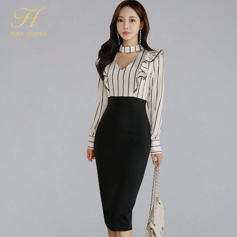 H Han Queen New Elegant Ruffles Striped Pencil Dress Women 2019 Spring Patchwork OL Dresses Fitted Hollow Out Slim Work Vestidos
H Han Queen New Elegant Ruffles Striped Pencil Dress Women 2019 Spring Patchwork OL Dresses Fitted Hollow Out Slim Work Vestidos
