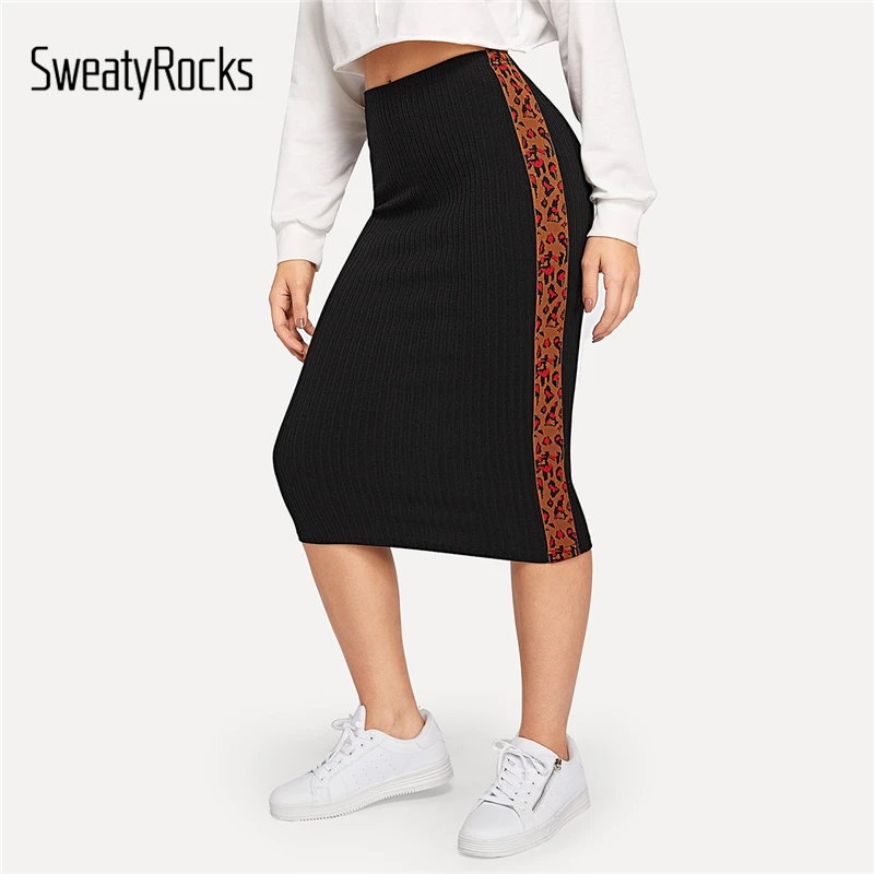 SweatyRocks Black Leopard Tape Rib-knit Bodycon Skirt Activewear Knee Length Casual Pencil Skirts Spring Summer Women Skirts
SweatyRocks Black Leopard Tape Rib-knit Bodycon Skirt Activewear Knee Length Casual Pencil Skirts Spring Summer Women Skirts