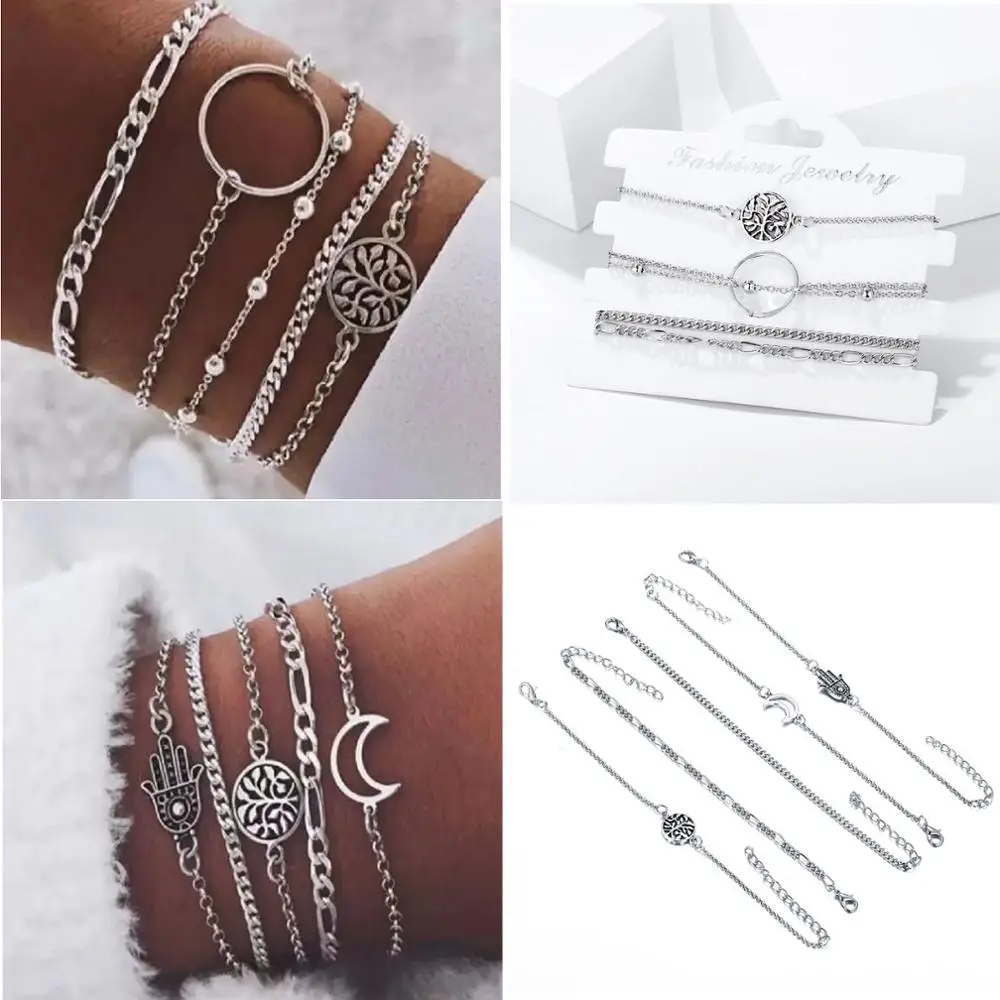 pack of 5 creative bracelet bangle for women with alloy embossed crescent/leaf/palm design mixed link chains female bransoletka
pack of 5 creative bracelet bangle for women with alloy embossed crescent/leaf/palm design mixed link chains female bransoletka