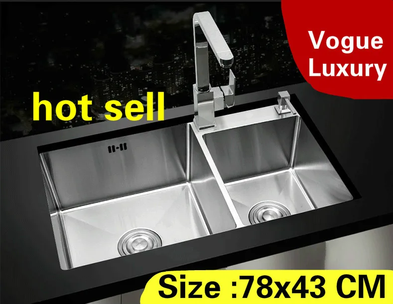

Free shipping Apartment wash vegetables kitchen manual sink double groove high quality 304 stainless steel hot sell 78x43 CM