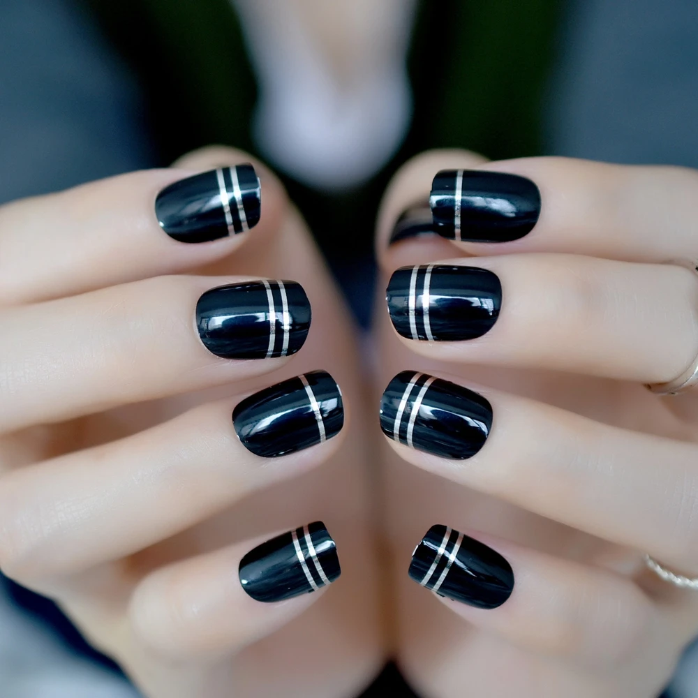 Black Short Round UV Gel Fake Nails Metal Stripes False Nail Tips OL Style Full Cover Elegant Touch Manicure Products 24Pcs Z854
Black Short Round UV Gel Fake Nails Metal Stripes False Nail Tips OL Style Full Cover Elegant Touch Manicure Products 24Pcs Z854