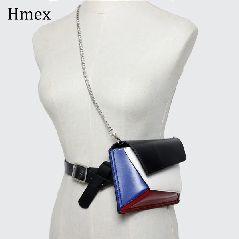 Фото Women Colorful Pattern Waist pack Chain Belt High Quality PU Leather Coin Purse Patchwork Crossbody Bag | Аксессуары для одежды