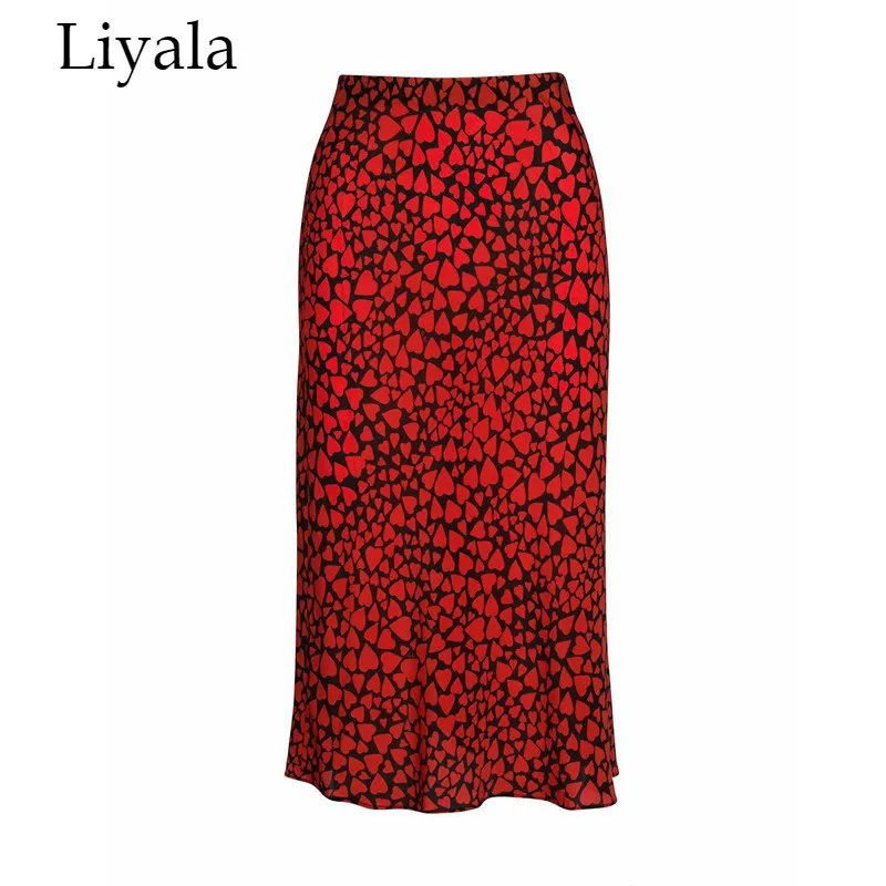 

Hidden Elasticized Slip Style Women Skirt New 2019 Heart Print High Waist Midi Skirts Female Lady Saias 3/4 Length Vintage Skirt