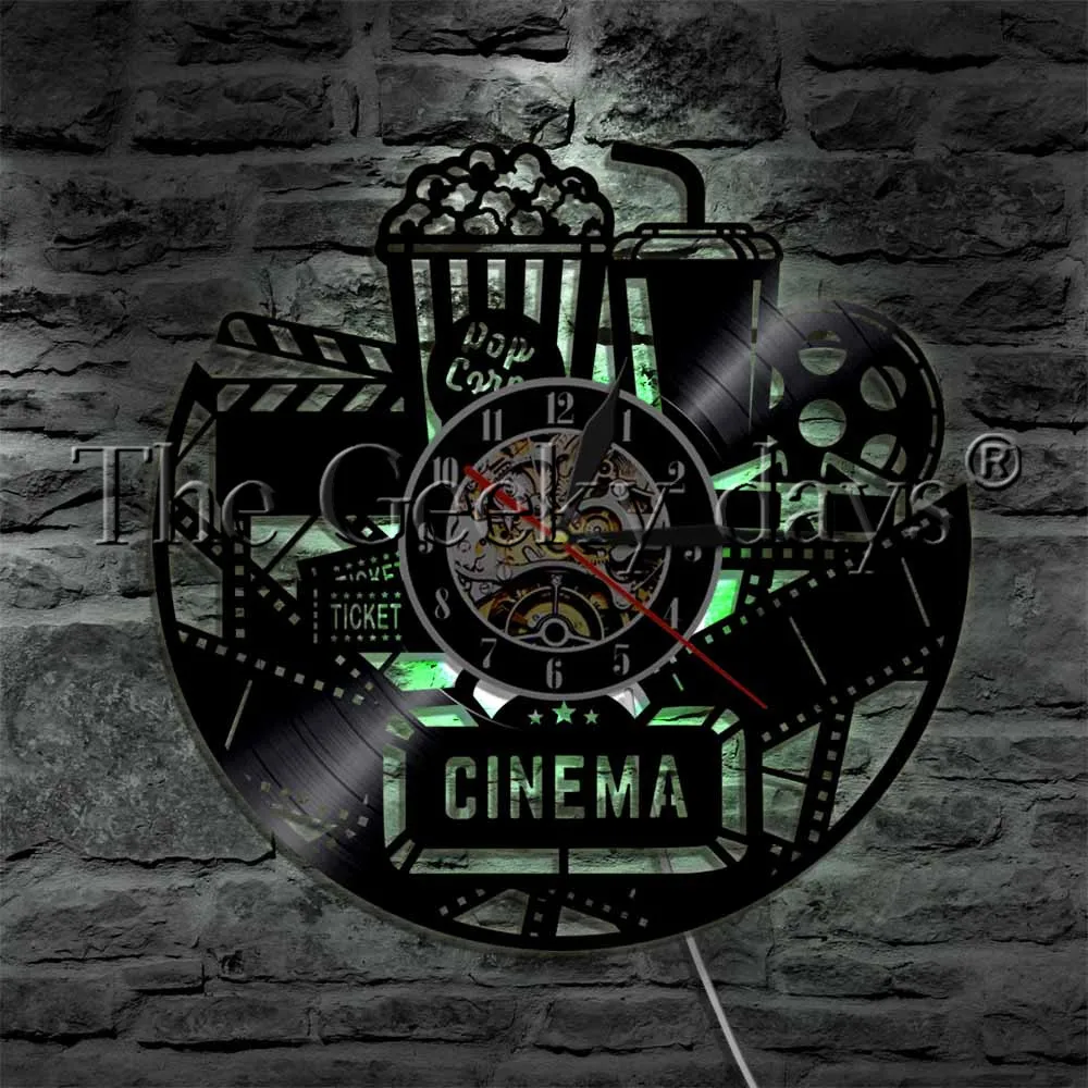 Кино попкорн дизайн виниловая запись настенные часы кинотеатр Знак смотреть