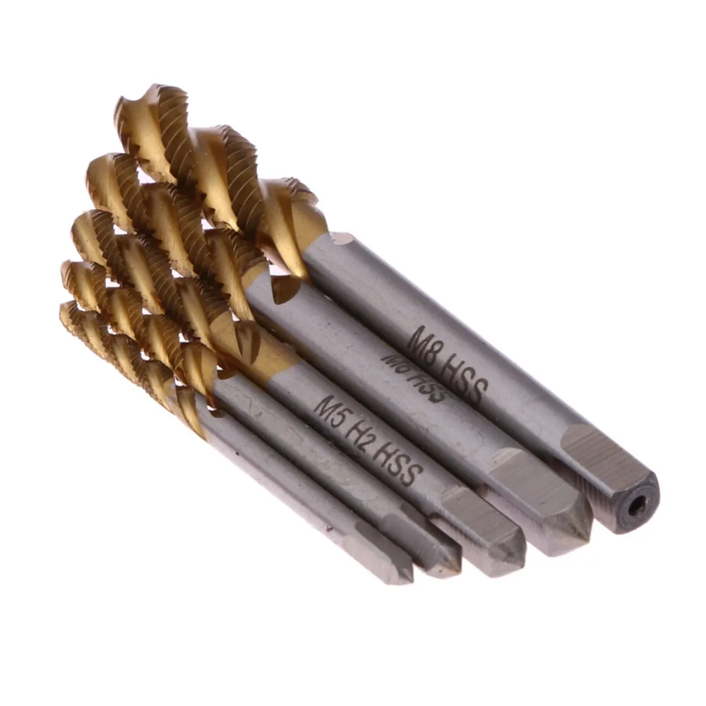 5pcs HSS Titanium Machine Right Hand Tap Drill 3 Flute M3 M4 M5 M6 M8 Spiral Point Thread Plug Handle Taps Die Set
5pcs HSS Titanium Machine Right Hand Tap Drill 3 Flute M3 M4 M5 M6 M8 Spiral Point Thread Plug Handle Taps Die Set
