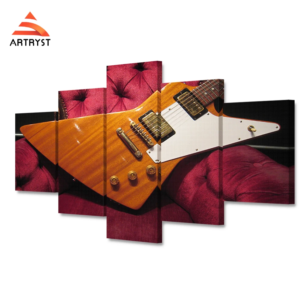 Image Modern home decor canvas poster 5 pieces modular sofa guitar picture HD print on canvas for living room wall art picture artwork