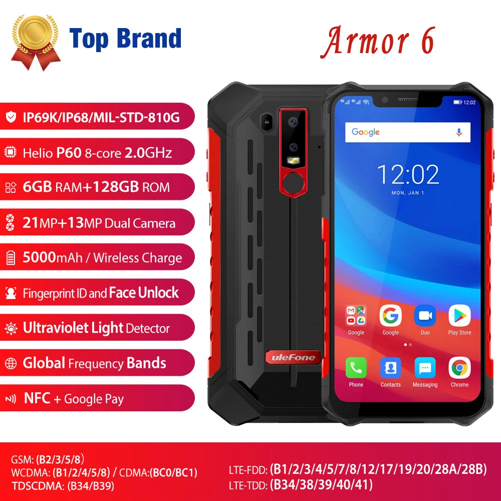 Ulefone Armor 6 NFC Smartphone Face Unlock IP68 Waterproof Mobile Phone Android 8.1 Helio P60 6GB 128GB 6.2" 19:9 FHD 5000mAh
Ulefone Armor 6 NFC Smartphone Face Unlock IP68 Waterproof Mobile Phone Android 8.1 Helio P60 6GB 128GB 6.2" 19:9 FHD 5000mAh