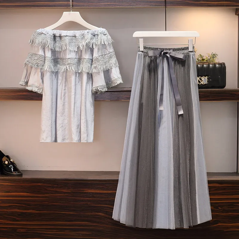 Large Size Women's Summer New Off The Shoulder Tassel Patchwork Lace Loose Shirt Mesh Skirt Fashion Two-Piece Sets XL-5XL
Large Size Women's Summer New Off The Shoulder Tassel Patchwork Lace Loose Shirt Mesh Skirt Fashion Two-Piece Sets XL-5XL
