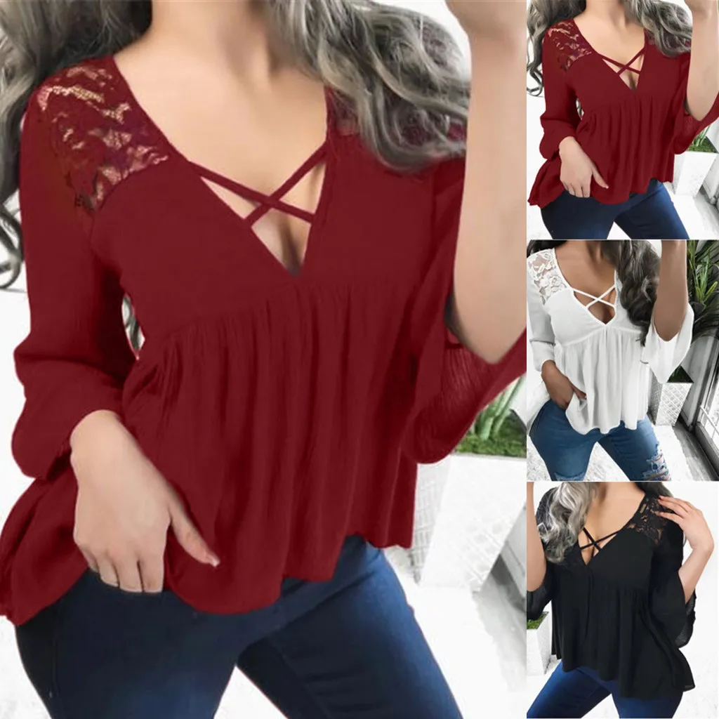 Women Summer Lady Cross Deep V Neck Lace Solid Color Red White Black Long Sleeves Shirts Shirt Top Loose Girl's Mesh T-Shirt Top
Women Summer Lady Cross Deep V Neck Lace Solid Color Red White Black Long Sleeves Shirts Shirt Top Loose Girl's Mesh T-Shirt Top