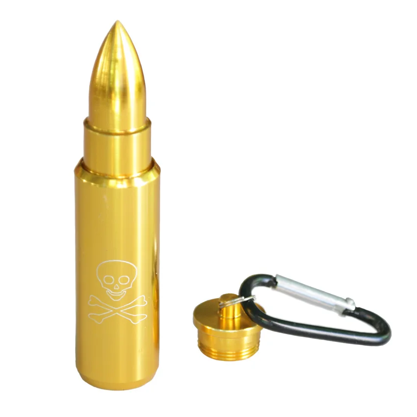 

Creative Golden Color Bullet Pill Box With Key Chain Random Pattern Send Easy Carry Metal Aluminum Ashtray Smoking Pill Box
