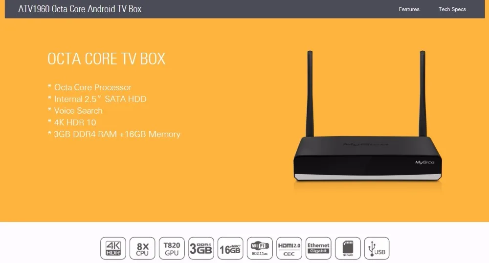 MyGica ATV1960 S912 Octa Core Android 7.1 TV Box Streaming Media Player 3GB//16GB//4K//HDR//1000M LAN//Internal with Voice Remote