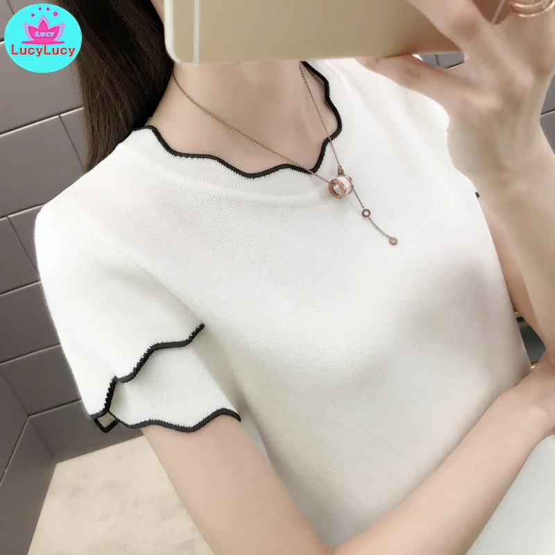 2019 summer new ruffled knit sweater T-shirt top tight-fitting casual stitching short-sleeved t-shirt Ruffled Solid
2019 summer new ruffled knit sweater T-shirt top tight-fitting casual stitching short-sleeved t-shirt Ruffled Solid