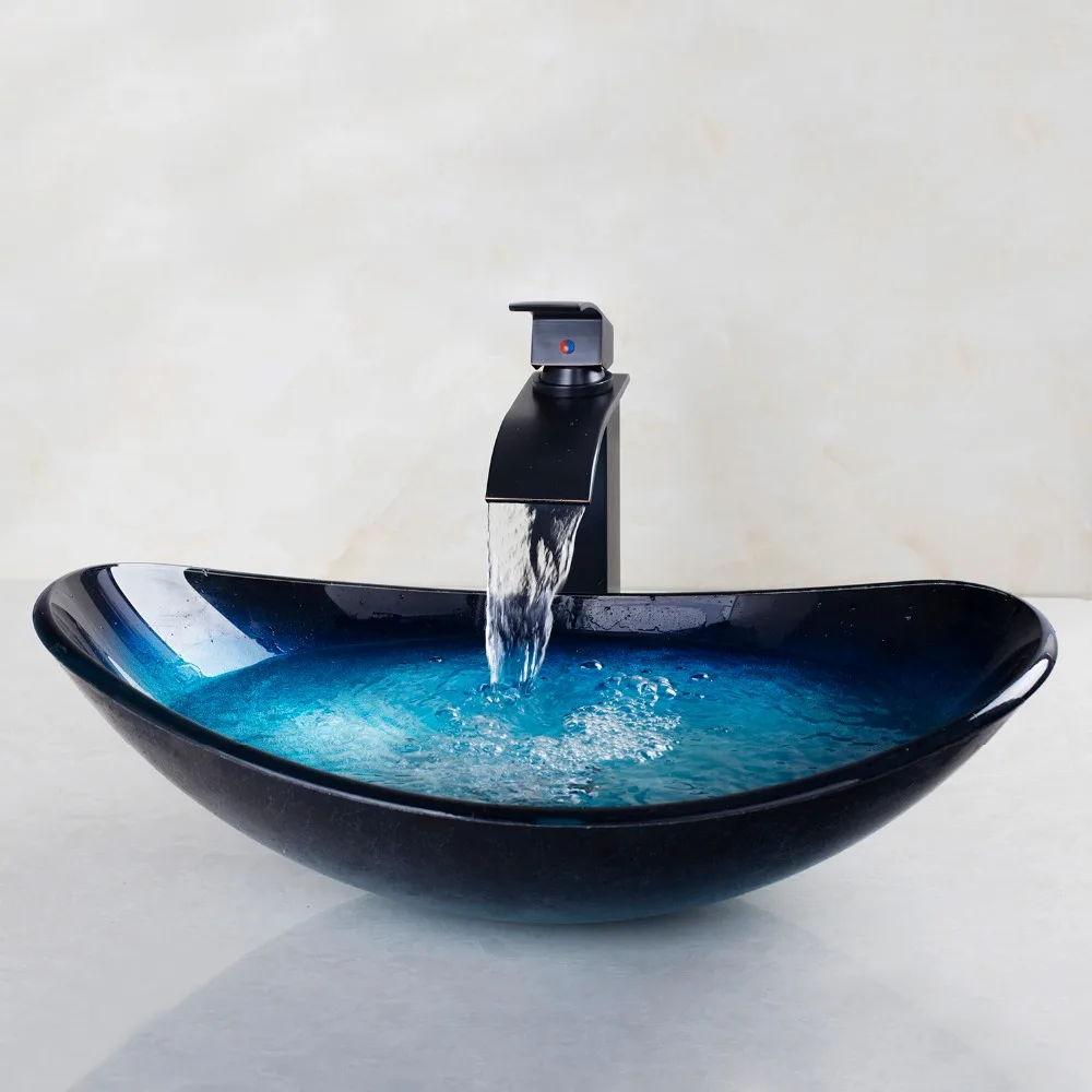 Image Waterfall Spout Basin Black Tap+Bathroom Sink Washbasin Tempered Glass Hand Painted 42638255 1  Bath Brass Set Faucet,Mixer Taps