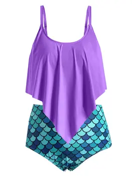 

Wipalo Plus Size Ruffle Fish Scale Print Tankini Set Women Swimsuits Scoop Neck Padded Two Piece Sets Summer Swimwear Beach
