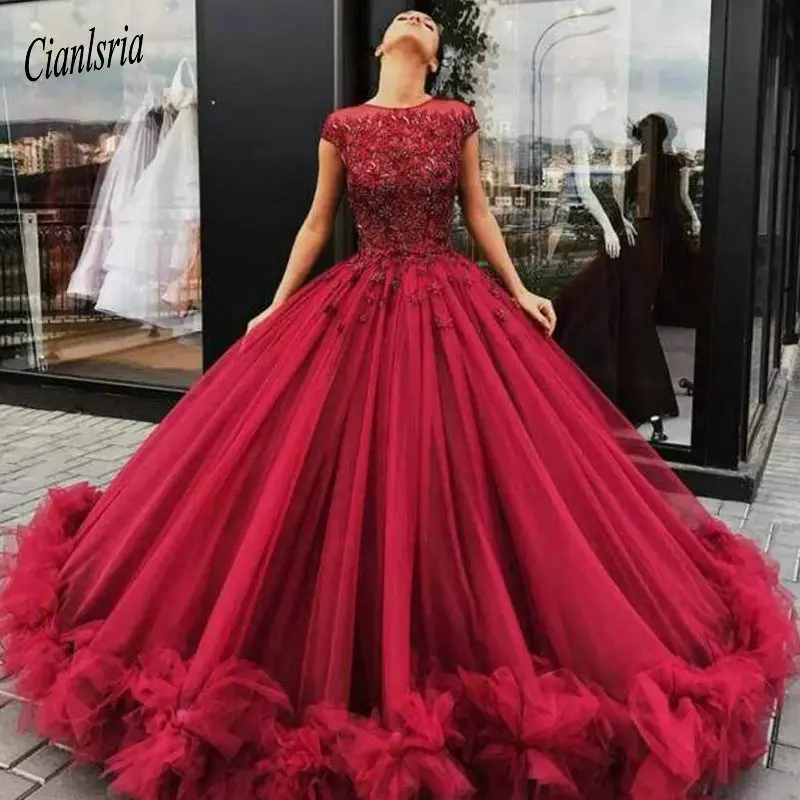 Темно-красное бальное платье платья для Quinceanera женские с рукавами-крылышками