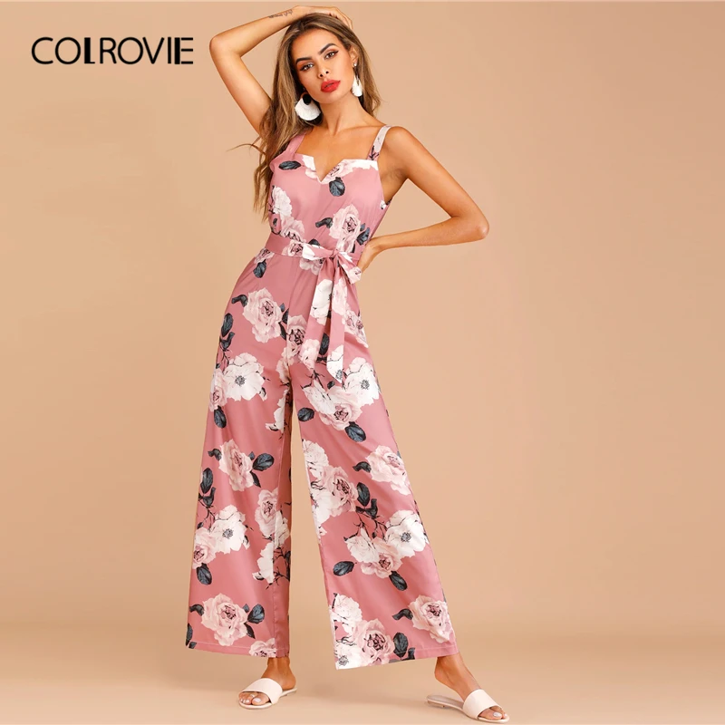 

COLROVIE Pink Floral Print Zip Back Belted Sleeveless Boho Cami Jumpsuit Women 2019 Summer Holiday Wide Leg Female Jumpsuits