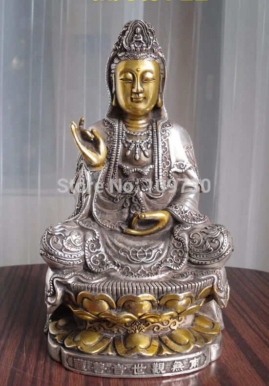Free shipping 001244 8" tall Tibetan Buddhist bronze cated silver Kwan Kuan Guan Yin Buddha statue | Дом и сад