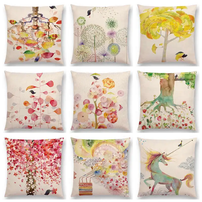 

Fresh Style Watercolor Cartoon Bird Beautiful Tree Leaf Flowers Unicorn Fairy Tale Cushion Cover Decor Sofa Throw Pillow Case