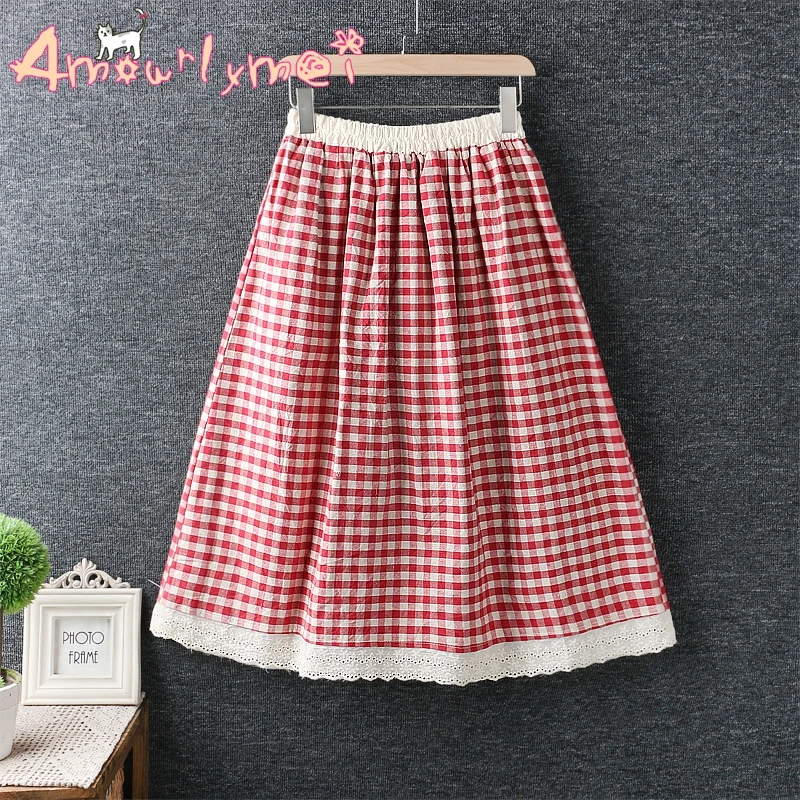 Vintage Plaid Lace Patchwork Cotton Casual Loose Elastic Waist A-line Skirt Mori Girl Saias Femininas
Vintage Plaid Lace Patchwork Cotton Casual Loose Elastic Waist A-line Skirt Mori Girl Saias Femininas