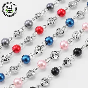 Handmade Round Glass Pearl Beads Chains for Necklaces Bracelets Making with Tibetan Style Alloy Heart Beads and Iron Eyepins 39"
Handmade Round Glass Pearl Beads Chains for Necklaces Bracelets Making with Tibetan Style Alloy Heart Beads and Iron Eyepins 39"