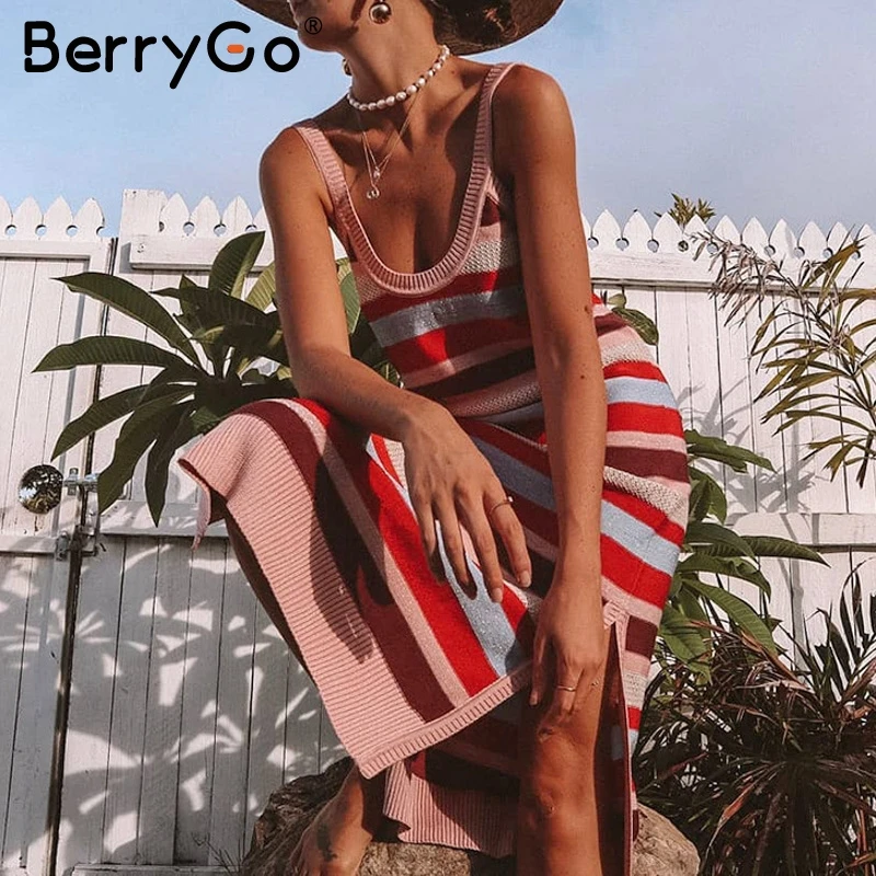 BerryGo Rainbow stripe women knitted dress Casual spaghetti strap split female midi dresses Holiday summer beach ladies vestidos
BerryGo Rainbow stripe women knitted dress Casual spaghetti strap split female midi dresses Holiday summer beach ladies vestidos