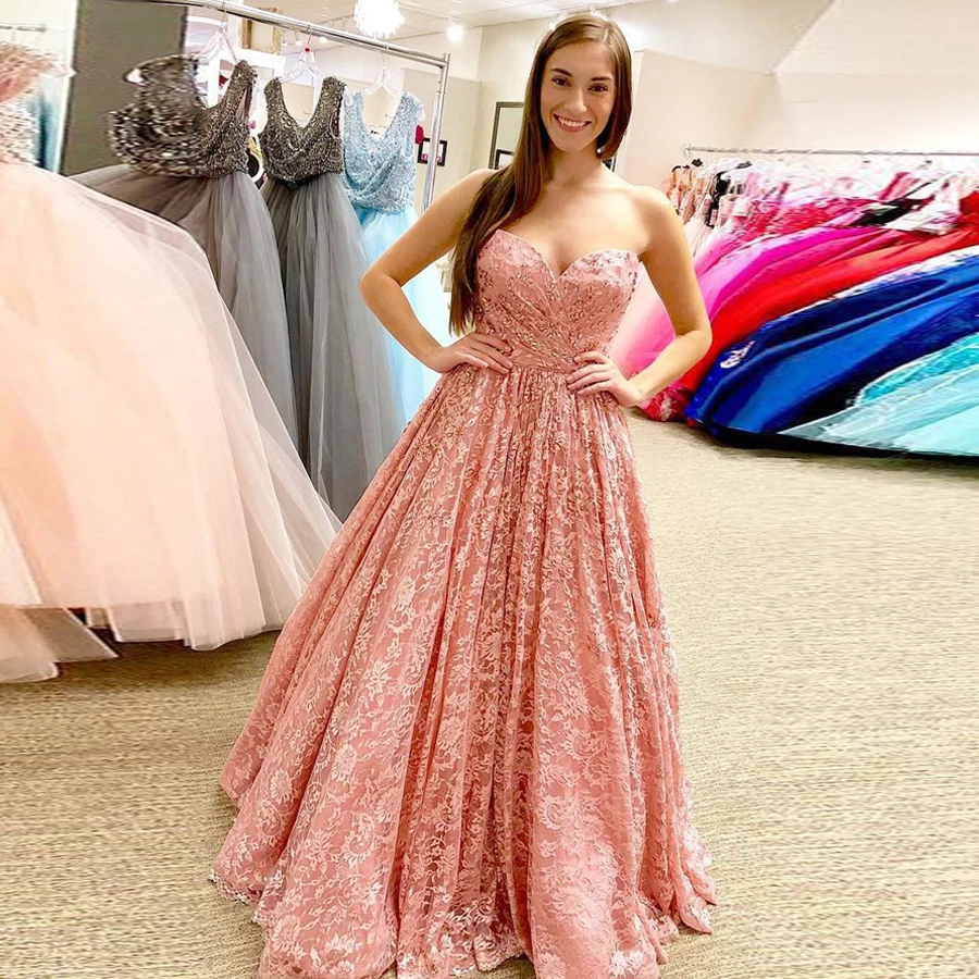 Long Pink Sweetheart Modest Graduacion Long Prom Dresses Ruched Lace with Crystals Evening Gowns vestido longo de festa
Long Pink Sweetheart Modest Graduacion Long Prom Dresses Ruched Lace with Crystals Evening Gowns vestido longo de festa