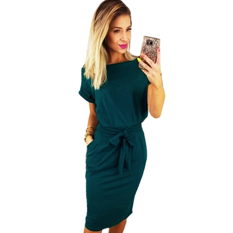 Women summer dress 2019 new round neck knee-length sashes pocket solid color short sleeve Slim dresses vestidos de festa OYM0789
Women summer dress 2019 new round neck knee-length sashes pocket solid color short sleeve Slim dresses vestidos de festa OYM0789