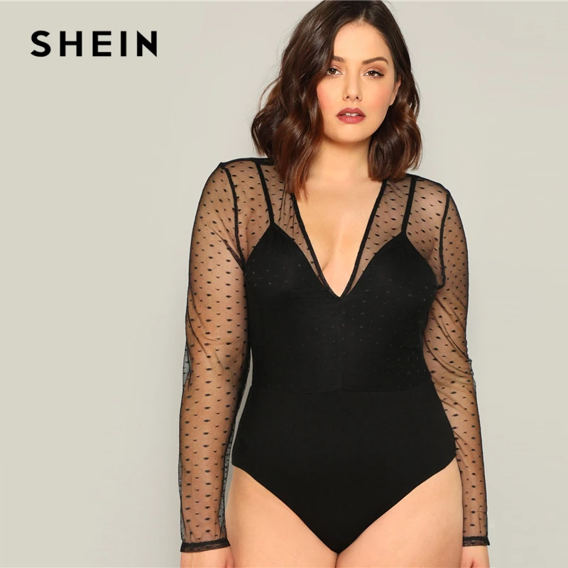 

SHEIN Plus Size Sexy Black Contrast Dot Mesh Plunging Women Bodysuits Deep V-neck Long Sleeve Spring Summer Stretchy Bodysuit