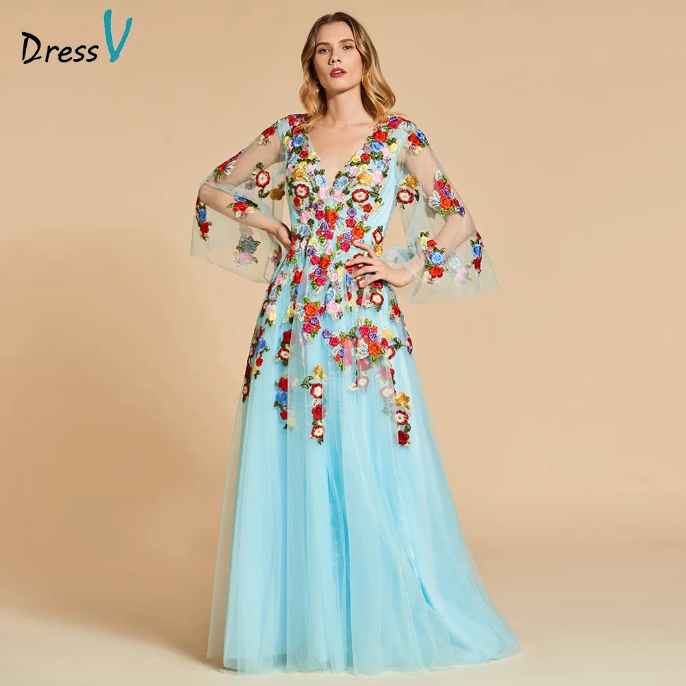 Dressv sky blue elegant long evening dress v neck 3/4 sleeves backless wedding party formal dress appliques evening dresses
Dressv sky blue elegant long evening dress v neck 3/4 sleeves backless wedding party formal dress appliques evening dresses