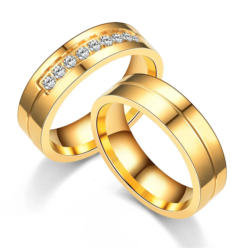 18K Gold Plated CZ Stainless Steel Couple Ring Men/Women Wedding Band 5-13