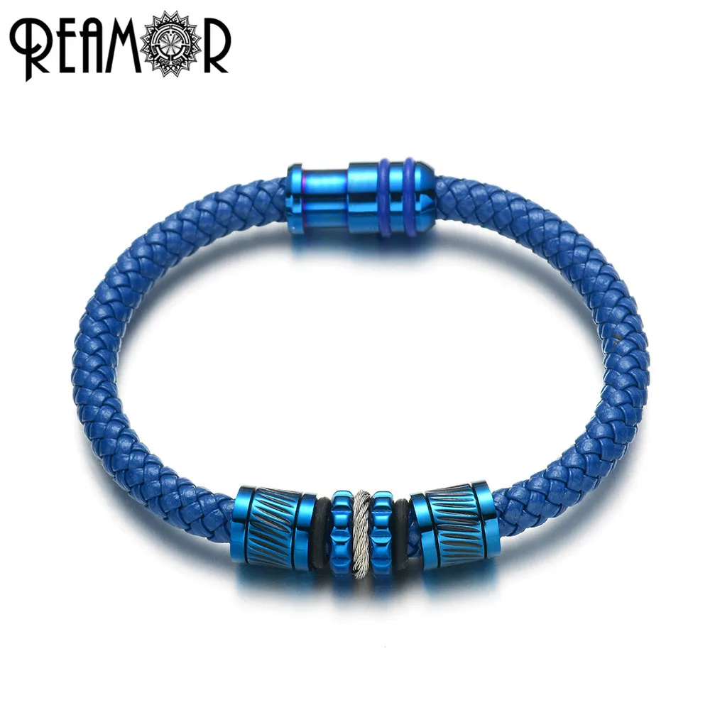 Фото REAMOR DIY Real Leather Braided Bracelets For Male Plating Blue Stainless Steel Beads Magnet Buckle Bangle Bracelet Jewelry Gift | Украшения