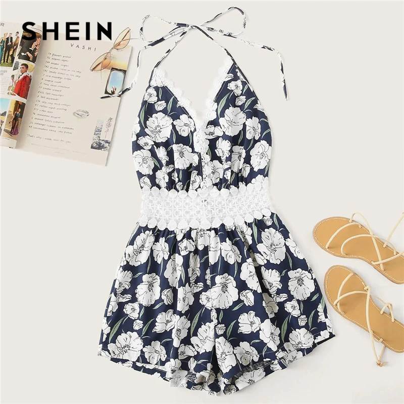 

SHEIN Boho Halter Backless Contrast Guipure Lace Floral Print Romper Women Summer Sleeveless Playsuit Sexy Beach Style Rompers