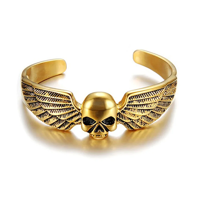 

Diameter 7cm Silver Golden Biker Skull Bangle 316L Stainless Steel Cool Man Boy Angel Wing Skull Bracelet Hip Hop Rock Jewelry