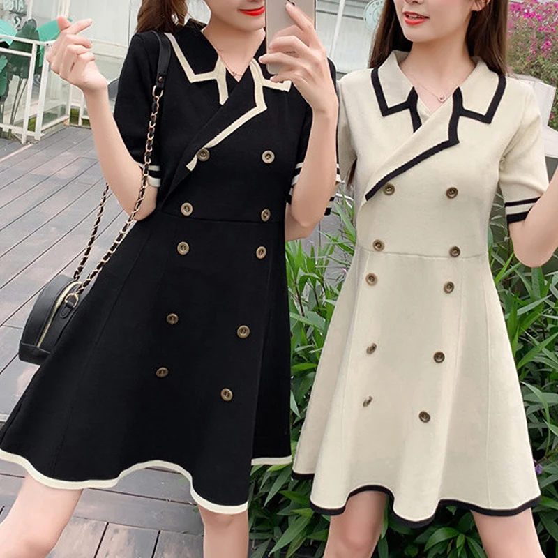 Women Vintage Dress 2019 Summer Double-breasted High Waist Knit Female Dress Preppy Style Elegant Ladies A-Line Mini Dress 
Women Vintage Dress 2019 Summer Double-breasted High Waist Knit Female Dress Preppy Style Elegant Ladies A-Line Mini Dress
