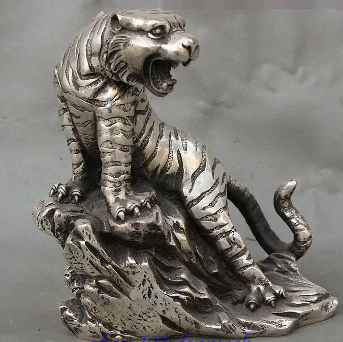 China Folk Fengshui Silver Wild Ferocious Zodiac Year Tiger King Up Hill Statue