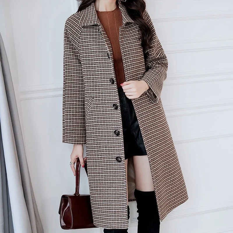 

2019 New Women Long Woolen Coat Casual Autumn Winter Long Sleeve Wool Overcoat Fashion Turndown Neck Plaid Outerwear