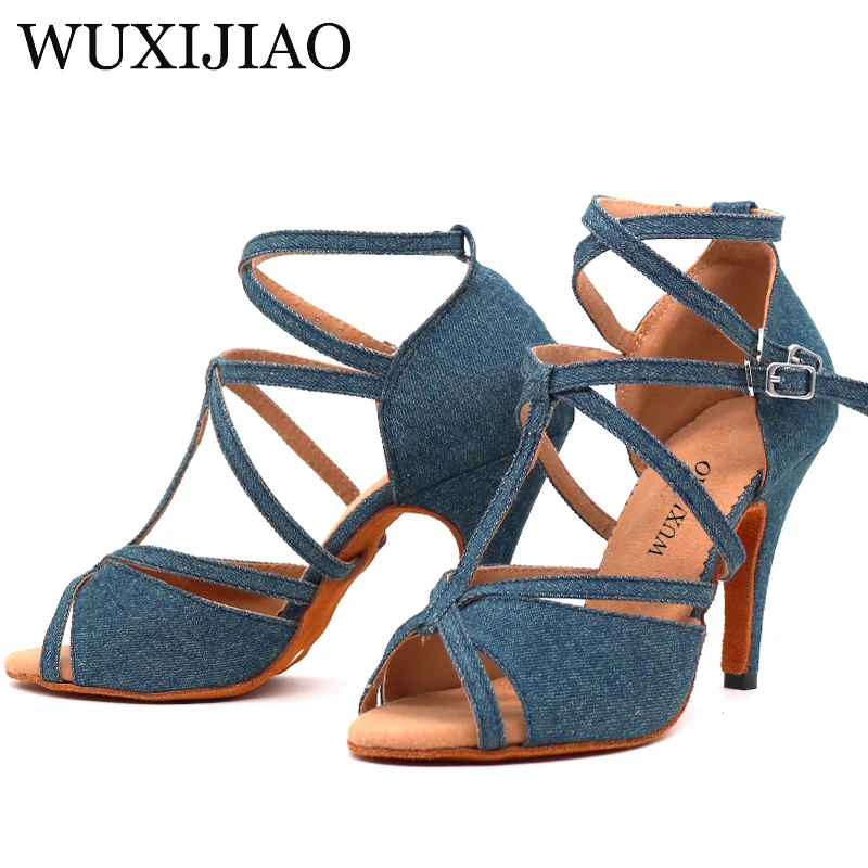 

WUXIJIAO Denim Fabric Women Professional Latin Dance Shoes Salsa Ballroom Samba Dance Shoes Ladies High Heels Soft Heel 5-10cm