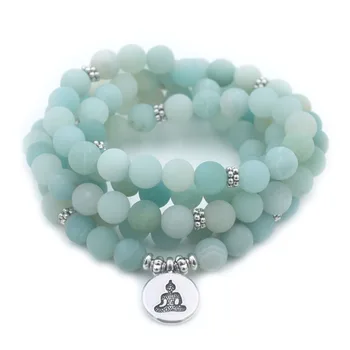 

Fashion Women`s Bracelet Matte Frosted High Quality Amazonite Beads With Lotus OM Buddha Charm Yoga Bracelet 108 Mala Necklace